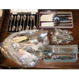 A collection of plated flatware together with silver souvenir spoons, silver weight, 7.