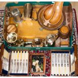 A box of assorted metalware and treen, including teapots, bowls, draughts set, boxes etc,