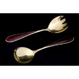 N M Thune, a pair of Norwegian silver gilt and enamelled salad servers,