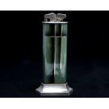 An Art Deco Thorens Oriflam table lighter, green enamelled metal, on faceted foot,