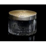 An Art Deco style enamelled silver topped glass jar, radial butterscotch guilloche enamel,