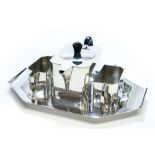 An Art Deco silver plate on copper tea set, angular form, including teapot, milk, sugar and tray,