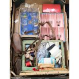 A wicker sewing box and contents, a leather cased Coronet Cub camera, a Kodak pocket camera,