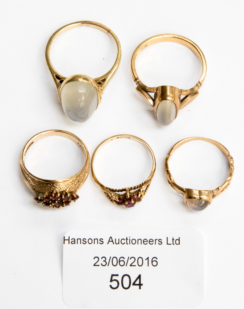 9 ct gold rings, moonstone and garnet settings, sizes Q1/2, L1/2, R,