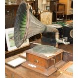 HMV Gramophone with green metal horn, 16" x 18" , fitted with exhibition sound box,