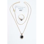 A 9 ct gold sapphire and cubic zirconia dress ring and a pendant and chain, gross weight 3.