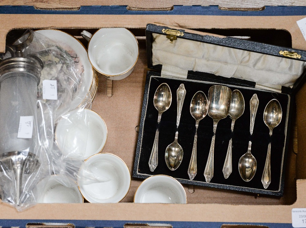 A Salisbury China late 19th Century coffee cans and saucers 'Dickensian' together with a glass