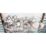 Silver plated tray, jug, sugar bowl, tea pot, Harrods marked 1930s dish with handle,