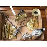 An early 19th Century Old Sheffield Plate ladle, candle snuffers, brass candlestick,