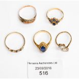 Lot of 9 ct gold dress rings, CZ, sapphire, opal and seed pearl etc, sizes P, S, K 1/2,