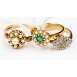 Three 9 ct gold dress rings, settings, pearl cluster, illusion set, and pearl and emerald, sizes O,