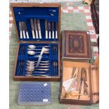Case of Mappin and Webb cutlery with canteen, an illustrated Holly Bible, another Bible,