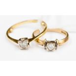 Two diamond solitaire 18 ct gold rings, one with a diamond weight of approx 0.