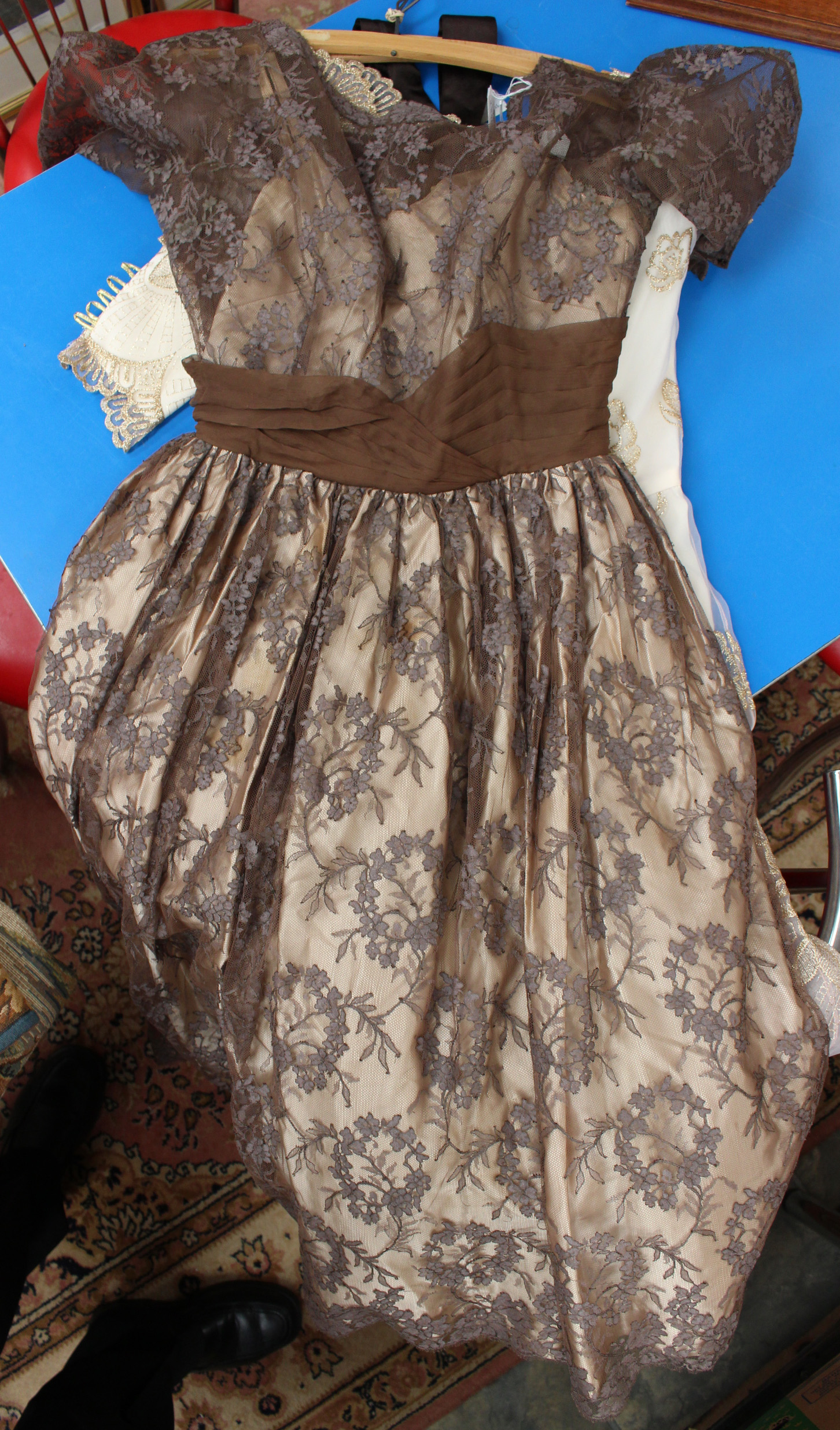 An early dark brown velvet embossed dress by Charlotte Holton,