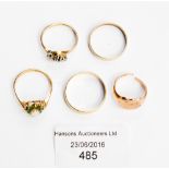 Five assorted 9 ct gold rings, total gross weight 10.3 grms approx.