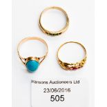 A 9 ct gold two stone emerald ring, a rose metal ring cabochon stone, turquoise colour,