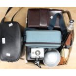 A box of assorted cased cameras, camera equipment etc including Miranda, Anny etc (1 box,