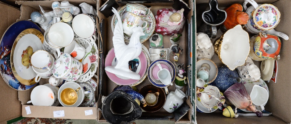 Three boxes of assorted 19th and 20th Century ceramics including tea cups and saucers and figurines