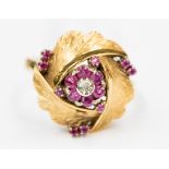 A diamond and ruby set 18 ct yellow organic style cluster ring, 7.