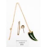 A 9 ct gold bar brooch with three cultured pearls,