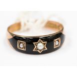 A 9 ct gold black enamel and pearl set ring, 1913 Chester hallmark, 2.7 grms approx.