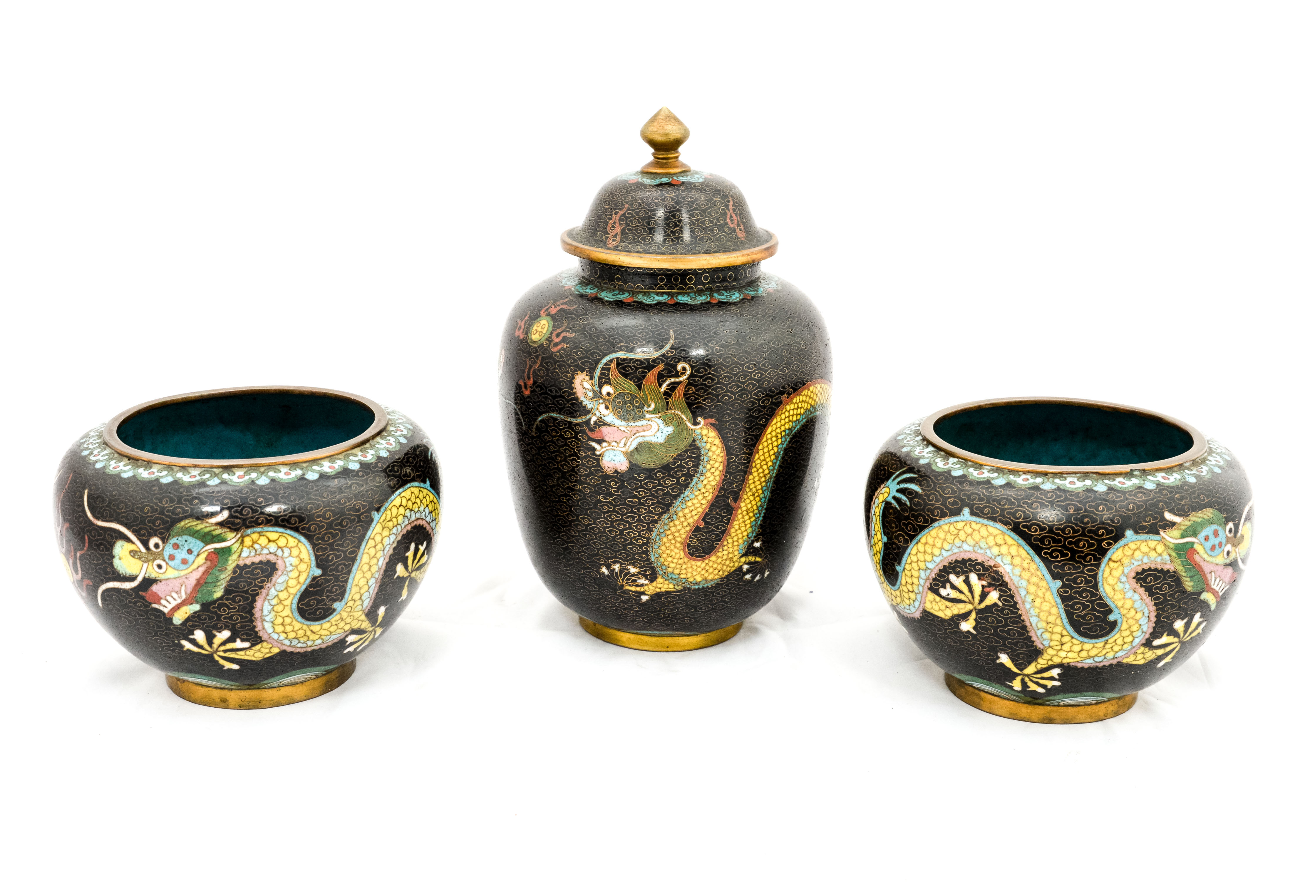 A garniture of Japanese cloisonnée vases, circa 1920s,