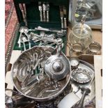 A box of silver plate including coasters, cutlery,