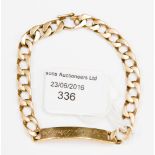 A 9 ct solid gold curb link idebtity bracelet with engraved inscription, 22.2 grms approx.