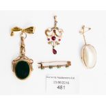 A collection of gold jewellery, comprising 9 ct gold mother-of-pearl brooch,