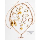 Broken 9 ct gold earrings and pieces of gold earrings and yellow metal , rose gold chain (watch),