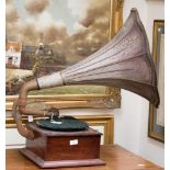 Horn Gramophone with a metal horn, 21" x 19" Morning Glory. 10" turntable.