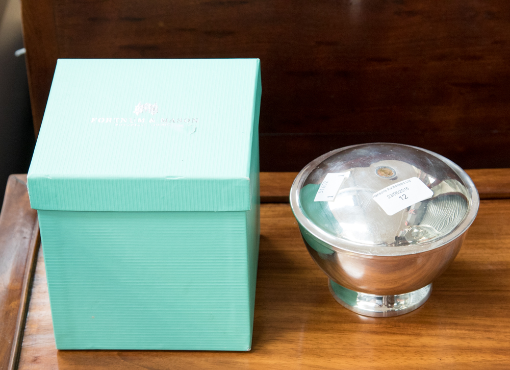 A boxed Fortnum & Mason candle in a silver plated bowl and cover,