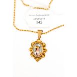 A modern 9 ct gold twist neck chain, with early 19th Century painted enamel pendant, yellow metal,