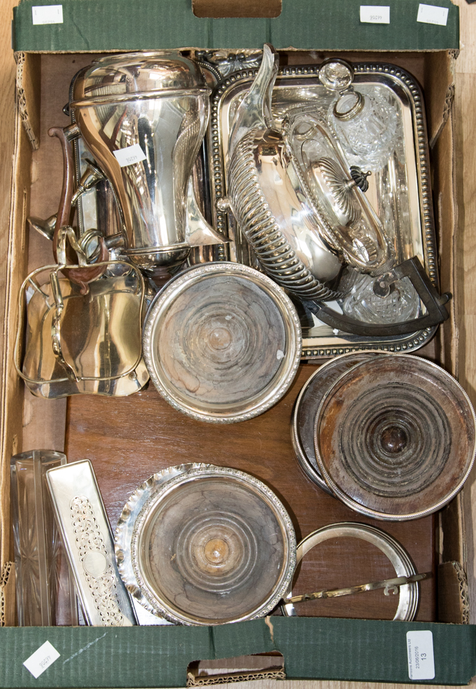 A box of silver plated items, including teapot, coffee pot, decanter coasters, canteen of cutlery,