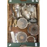 A box of silver plated items, including teapot, coffee pot, decanter coasters, canteen of cutlery,