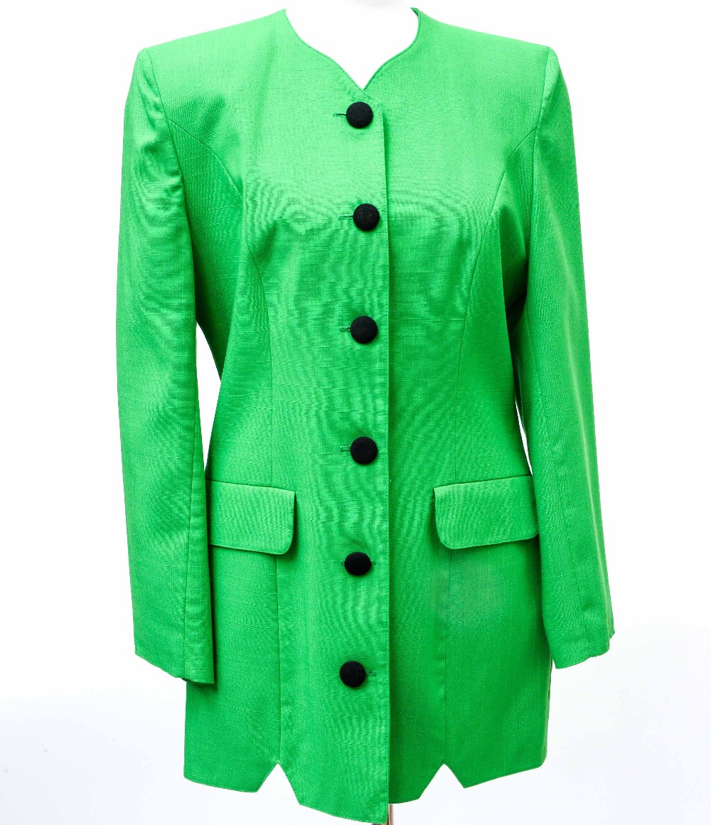 A vibrant green long line ladies' jacket by Zandra Rhodes, early 1980s,