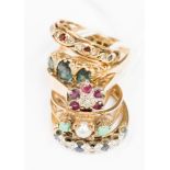 Five various 9 ct gold dress rings, sizes P, O, N,