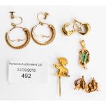 A quantity of 9 ct gold/rose and yellow metal earrings etc, 19.6 grms approx.