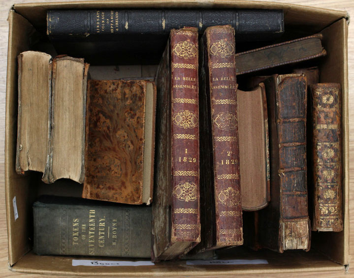 A collection of antiquarian leather bound books to include 'La Belle Assemblee', 1829, vol I & II,