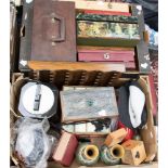 Two boxes of assorted boxes, including a cedar wood pewter lid circa 1920s cigar box,