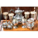 A silver plated coffee pot together with a collection of plated ware (1 box)