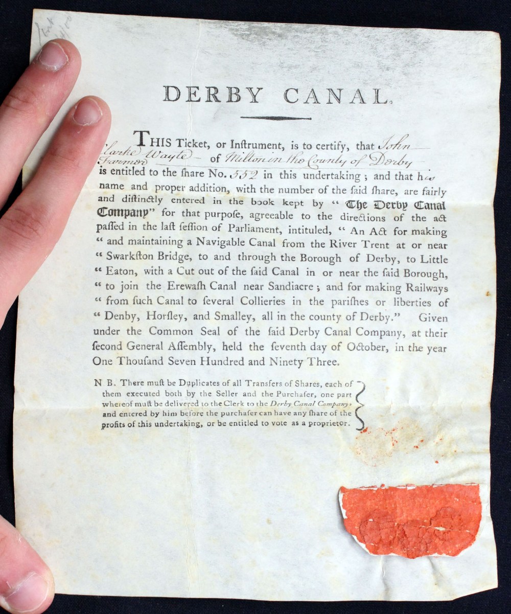 A Derby Canal Share Certificate No 552, circa 1793,