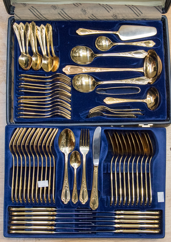 A cased set of German gilt flatware