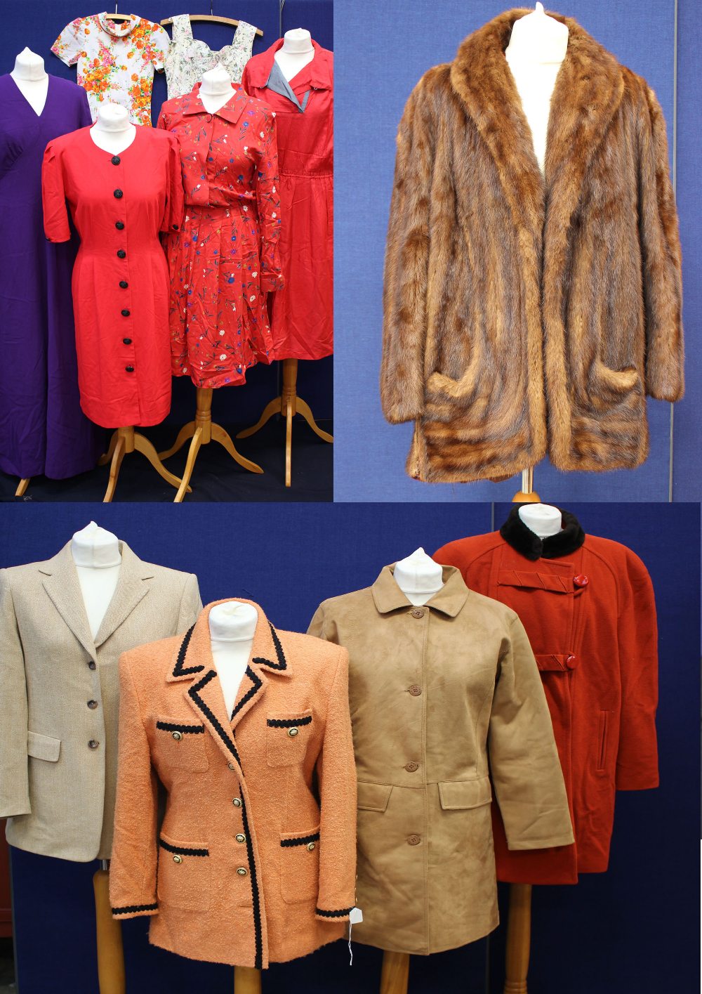 One brown fur jacket, late 1940s with curved pockets together with four other ladies' jackets,