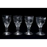 Four late 18th century glasses, ogee bowls, moulded fluting to the lower section,