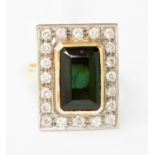 A green tourmaline and diamond rectangular cluster ring,