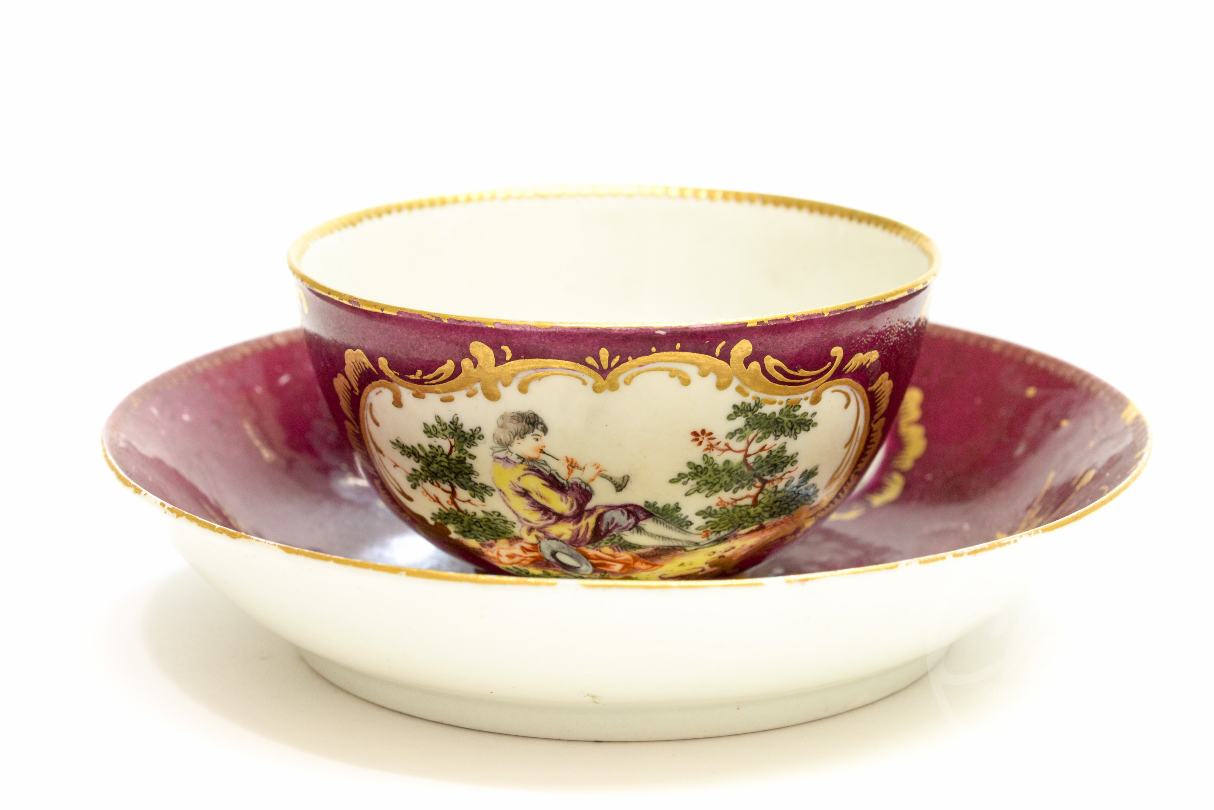 A Worcester soft paste porcelain tea bowl and saucer, circa 1755,