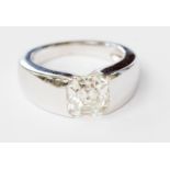 A diamond solitaire white metal ring, the square Asscher cut diamond weighing approximately 2.