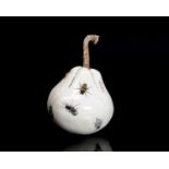 A Japanese Shibayama carved ivory pear, set with various insects in amber, mother of pearl,
