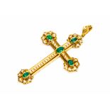 An emerald and diamond set yellow gold cross pendant,